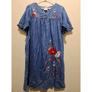 Vintage National Denim Dress Embroidered Floral Short Sleeve V Neck Size M‎